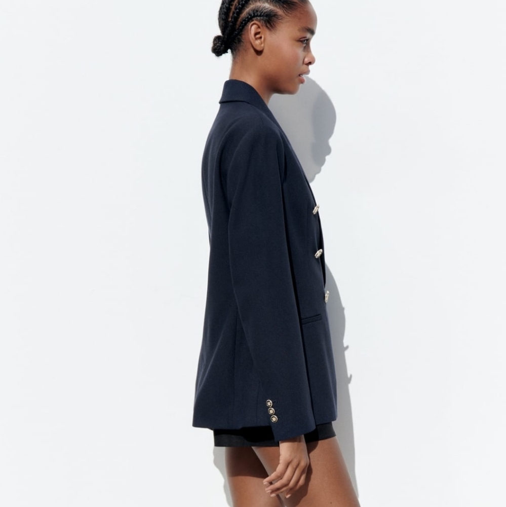 ZARA * DOUBLE BREASTED BLAZER NAVY PIQUE BLAZER - Picture 10 of 13